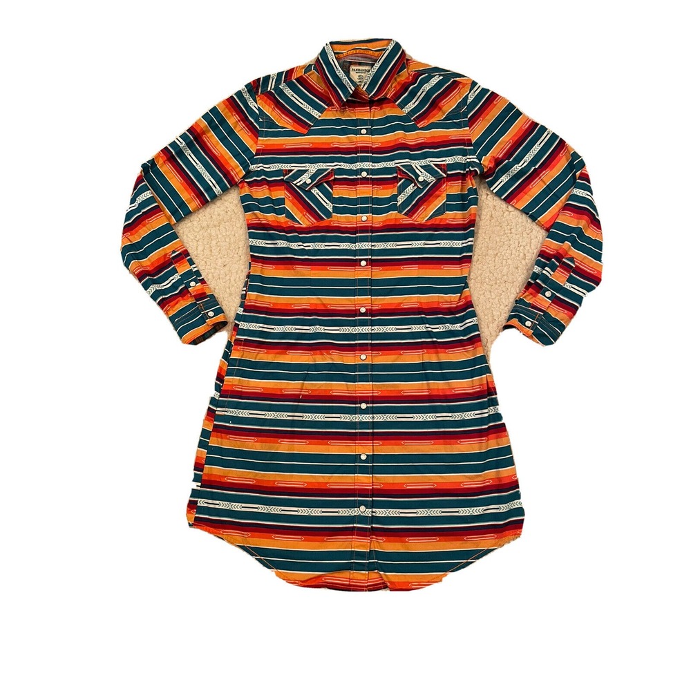 Striped Button-Up Shirt Dress in Teal, Orange & Red